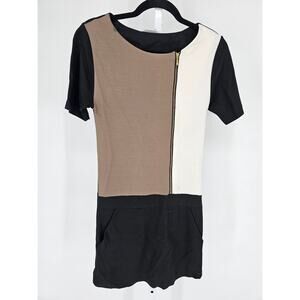 Promod Womens Sz M Above Knee Color Block Mod Dress Black White Beige